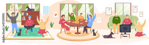 People playing board game scenes set. Friends and family having fun, spending time together at home. Parents with children enjoy table game and video game. Indoor entertainment for adults and children