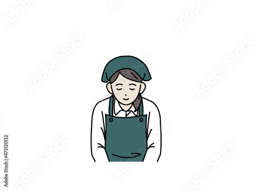 お辞儀をする　スーパーの店員　エプロン姿の女性　いらっしゃいませ　挨拶