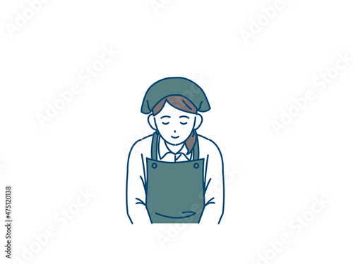 お辞儀をする　スーパーの店員　エプロン姿の女性　いらっしゃいませ　挨拶