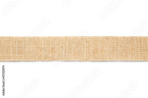 Photography Wide burlap ribbon on white background, top view