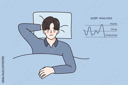 Calm young man asleep in bed have sleep analysis diagram near. Relaxed guy rest nap dream at home in bedroom, analyze deepsleep and awake. Diagnostic app or tracker. Vector illustration. 