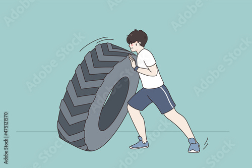 Young sportsman push tire do workout exercise in gym. Toned strong man doing sports train with tyre outdoor. Crossfit and weightlifting. Healthy lifestyle concept. Flat vector illustration. 