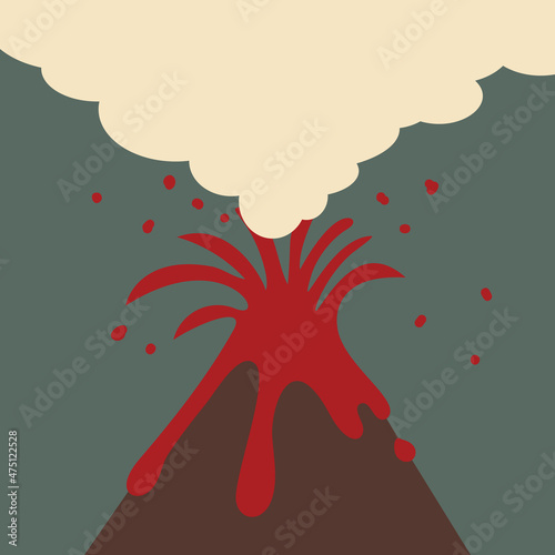 Volcano eruption vector illustration, Stratovolcano cone spewing hot lava large ash cloud, Volcano explosion red magma flows down, Flat design