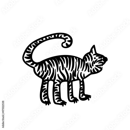Tiger doodle illustration isolated, Striped tiger predator animal primitive cartoon vector drawing © art_of_line