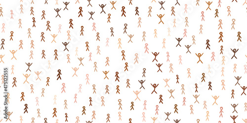 Many stick figures seamless pattern, Diversity people skin color random arrangement, Overpopulation problem too many people on planet concept, Crowd hand drawn stickman vector illustration background