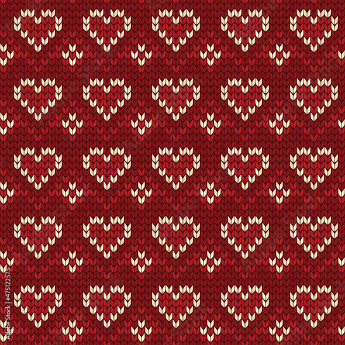 Heart knitting seamless pattern wool knitted texture red nordic knit knitwear fabric design hearts geometric ornament vector illustration, Cute retro background for Valentine's day or wedding