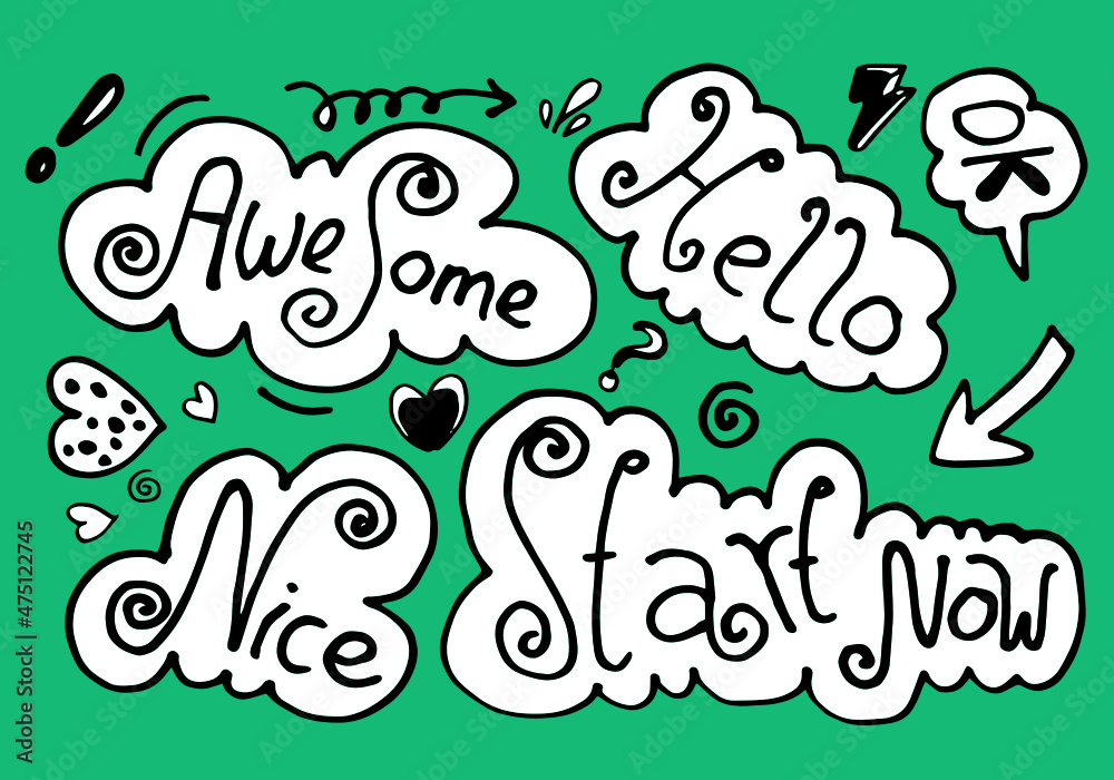 Hand drawn set of speech bubbles with handwritten short phrases awesome, start now,ok,nice,hello on green background. Hand drawn set of speech bubbles with handwritten short phrases awesome, start now,ok,nice,hello on green background.