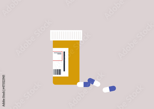 A plastic orange prescription drugs container with white and blue pills