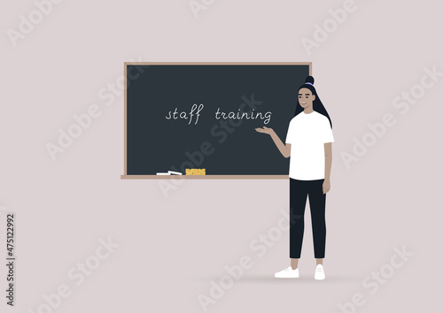 Staff training seminar, a young female Asian character pointing at the blackboard, lifelong learning concept