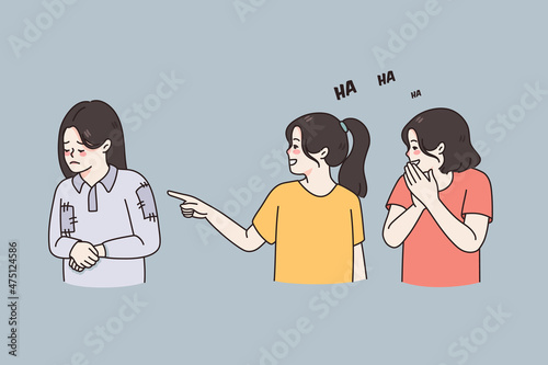 Naughty girls laugh at poor mate. Children offending bullying needy low-income classmate point with finger. School discrimination. Cruel rude kids behavior and aggression. Vector illustration. 