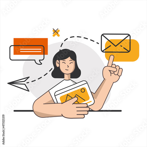 Modern advertising. Global marketing concept. Vector illustration. Remote business. Girl management at office. Woman haracter manager corporate with social community.