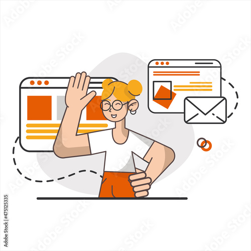 Modern advertising. Global marketing concept. Vector illustration. Remote business. Girl management at office. Woman haracter manager corporate with social community.