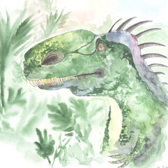 Poster Dinosaurus Aquarel monolofosaurus in kleurrijke stijl  © Juli_fl_y
