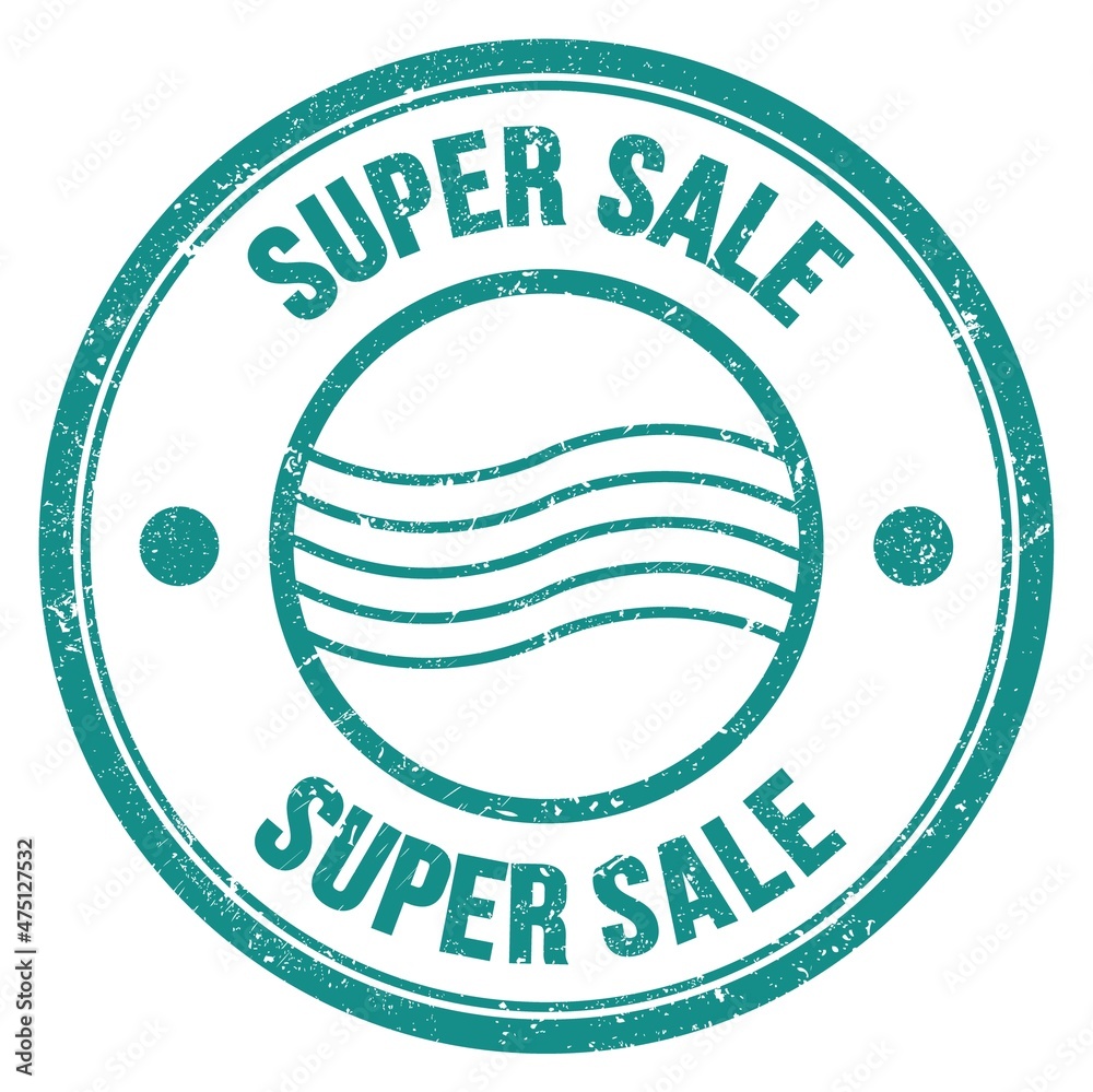 SUPER SALE text written on blue round postal stamp sign SUPER SALE text written on blue round postal stamp sign
