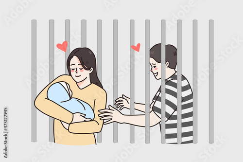 Man in prison have wife and little newborn baby visiting. Woman with infant come to husband criminal. Father in jail for misdemeanor or crime. Family instability. Flat vector illustration. 