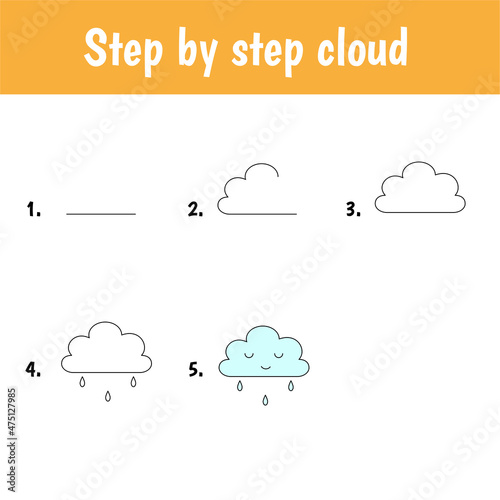 Drawing tutorial for kids. Easy level. Education sheets. How to draw clouds