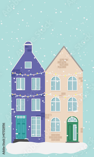 winter landscape with house.Christmas card with houses. Amsterdam, Netherlands architecture. Cute colorful houses. Vector illustration. European style. Merry Christmas and Happy new year