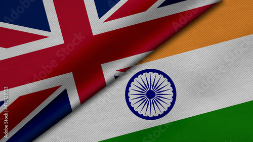 3D Rendering of two flags from United Kingdom or Britain and India together with fabric texture, bilateral relations, peace and conflict between countries, great for background photo