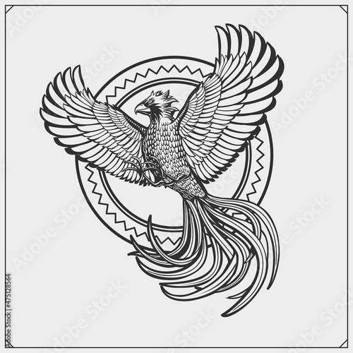 Flying phoenix bird with beautiful wings. Print design for t-shirt, template for emblem, mascot, and tattoo.