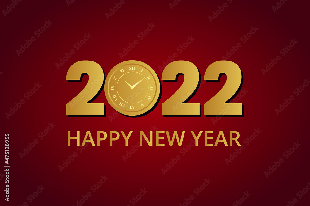 Happy New Year 2022 greeting card design with stylized Golden clock and decoration on dark background. watch golden line illustration
