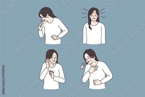 Young woman suffer from allergic reactions, cough and sweat. Unhealthy girl have red spots or inflammation struggle with seasonal or food allergy. Healthcare and medicine. Fat vector illustration. 