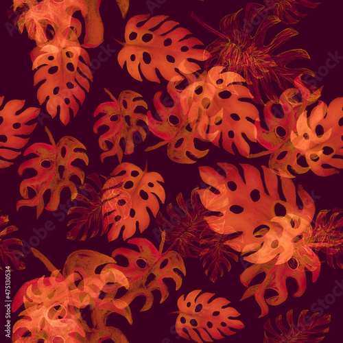 Vanilla Monstera Pattern Leaves. Yellow Seamless Jungle. Orange Watercolor Texture. Tropical Foliage. Floral Leaf. Summer Painting. Vintage Backdrop.