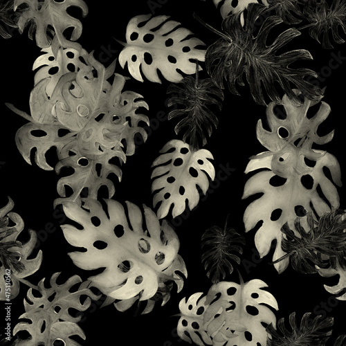 Black Monstera Pattern Painting. Seamless Illustration. White Watercolor Design. Tropical Backdrop. Floral Set. Summer Decor. Vintage Monstera.Botanical Leaves.