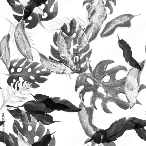 Black Seamless Monstera. White Watercolor Foliage. Gray Pattern Garden. Tropical Decor Floral Set. Summer Illustration Nature Decor. Vintage Wallpaper.