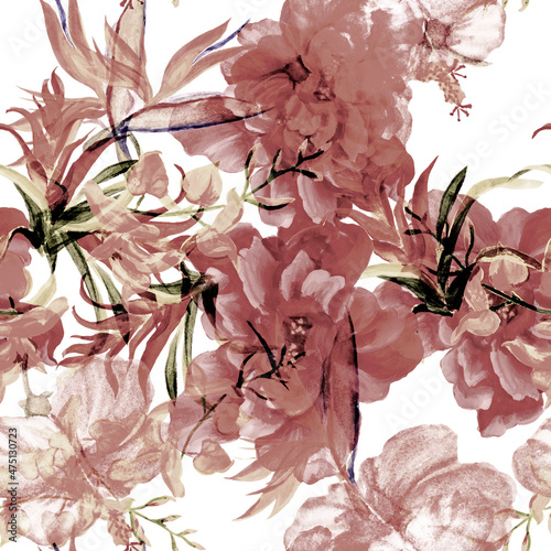 Gray Flower Design. Brown Summer Palm. Seamless Print. Watercolor Set. Pattern Design. Floral Wallpaper. Exotic Wallpaper. Botanical Wallpaper.