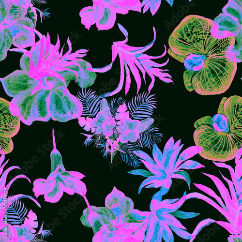 Gray Hibiscus Texture. Green Flower Garden. Pink Watercolor Jungle. Purple Floral Jungle. Seamless Decor. Pattern Decor.Tropical Leaves. Nature Textile.