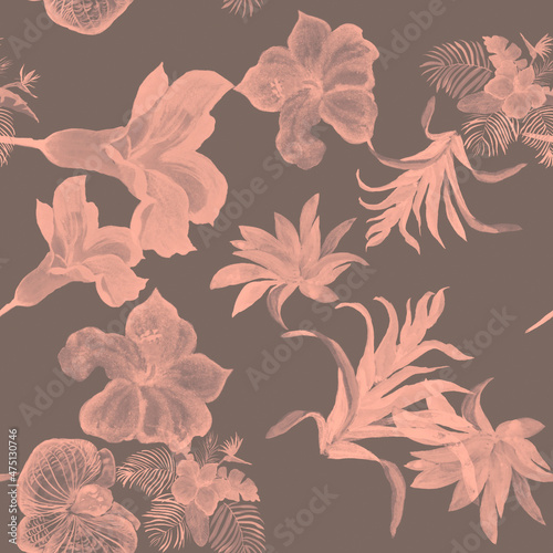 Coral Hibiscus Texture. Pink Flower Decor. Gray Watercolor Leaf. Floral Garden. Seamless Leaf. Pattern Plant. Tropical Plant. Botanical Design.