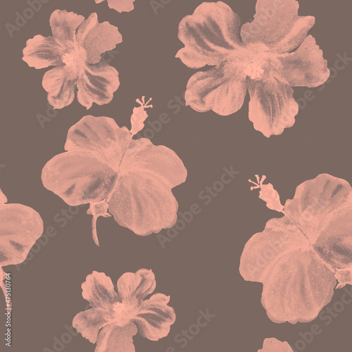 Gray Hibiscus Decor. Coral Flower Leaf. Red Seamless Illustration. Vintage Wallpaper. Pattern Design. Watercolor Texture. Tropical Jungle. Exotic Backdrop.