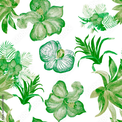 Natural Hibiscus Backdrop. Organic Flower Palm. Greenery Watercolor Texture. Green Floral Print. Seamless Textile. Pattern Foliage. Tropical Painting.