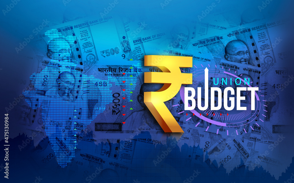 Indian union budget concept with India rupee, 3D rendering. Indian