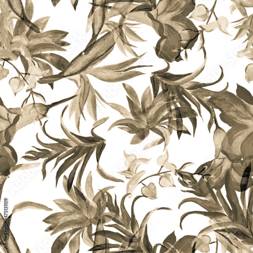 Brown Flower Garden. Gray Summer Palm. White Seamless Design. Watercolor Leaves. Pattern Decor. Floral Plant. Exotic Illustration. Botanical Foliage.