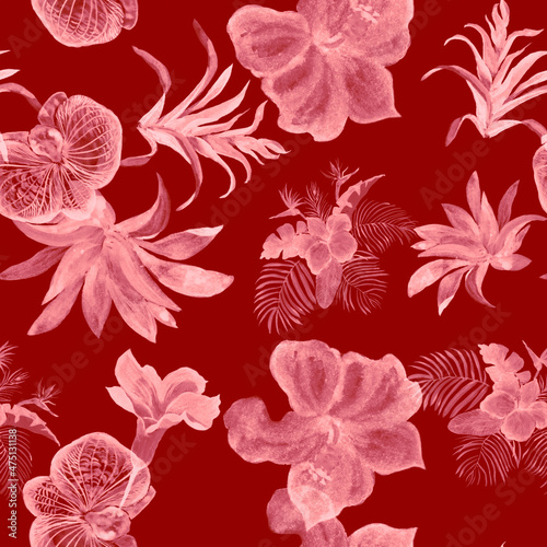 Red Hibiscus Background. Pink Flower Texture. Scarlet Watercolor Texture. Floral Textile. Seamless Print. Pattern Wallpaper. Tropical Leaves. Fashion Illustration.