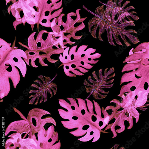 Pink Monstera Wallpaper. Purple Seamless Palm. Coral Tropical Leaf. Pattern Textile. Watercolor Background. Floral Plant.Summer Foliage. Isolated Background.
