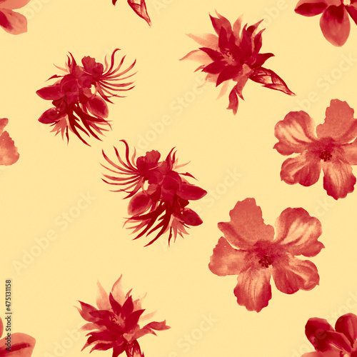Scarlet Watercolor Leaf. Coral Flower Background. Rusty Seamless Background. Pink Hibiscus Garden. Pattern Set. Tropical Design. Fashion Print.Art Wallpaper.
