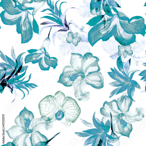 Turquoise Hibiscus Leaf. Green Flower Print. Watercolor Palm. Floral Design. Seamless Decor. Pattern Decor. Tropical Painting. Fashion Illustration.
