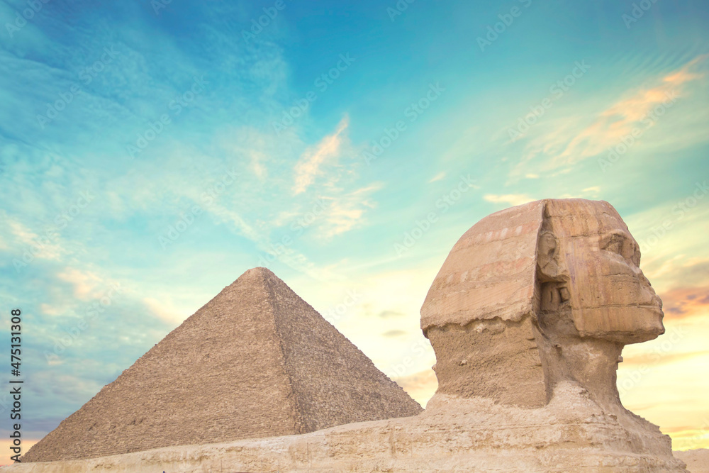 Great Sphinx against the background of the pyramids of the pharaohs Cheops, Khafren, and Mikerin in Giza, Egypt Great Sphinx against the background of the pyramids of the pharaohs Cheops, Khafren, and Mikerin in Giza, Egypt