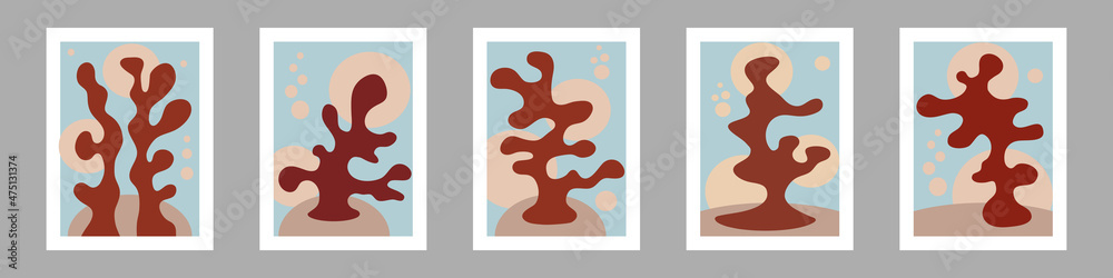 Abstract coral posters, irregular organic shapes, Matisse inspired minimalism art, contemporary style. Vector illustration