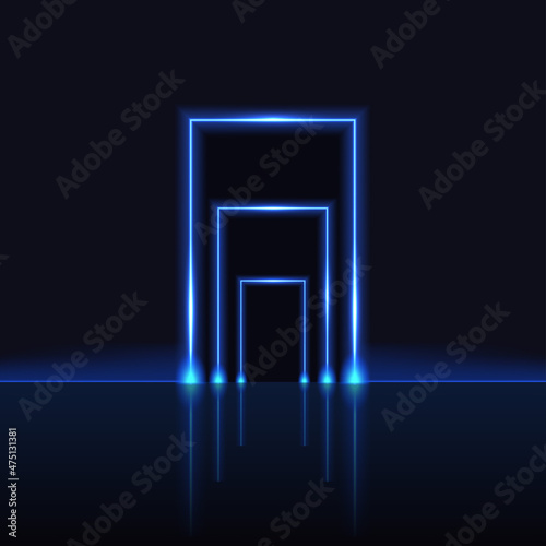 Neon gate, blue glowing light laser beam frame, magic or techno portal. Mystic neon door opening to galaxy space worlds, shiny design element on dark background. Vec tor illustration