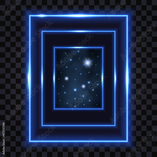 Neon gate, portal to galaxy space. Blue glowing light rectangular portal frame, cosmic night sky with star nebula. Magic fantasy or cyber techno vector illustration, isolated on transparent background