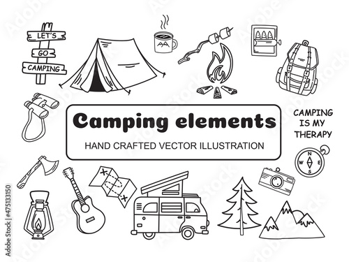 A set of camping elements for design. Campfire, tent, guitar, etc. Handmade vector, one color.