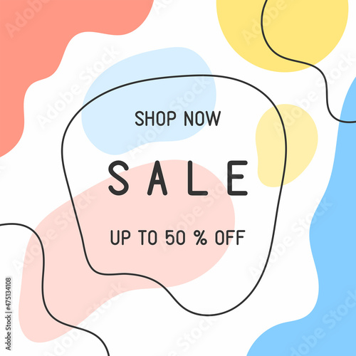 Square modern abstract background with text Shop Now Sale Up To 50 % Off. Trendy vector illustration.