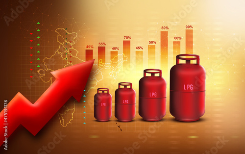 LPG- liquefied petroleum gas price hike in India digital illustration. gas cylinder, graph, up arrow