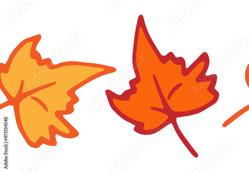 border made of maple leaves. Seamless horizontal strip of maple leaf orange and yellow on white. hand-drawn in the style of autumn maple leaf doodles