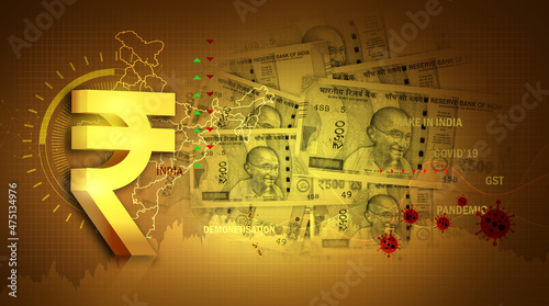 yellow rupee background illustration with rupee icon and map, Indian currency