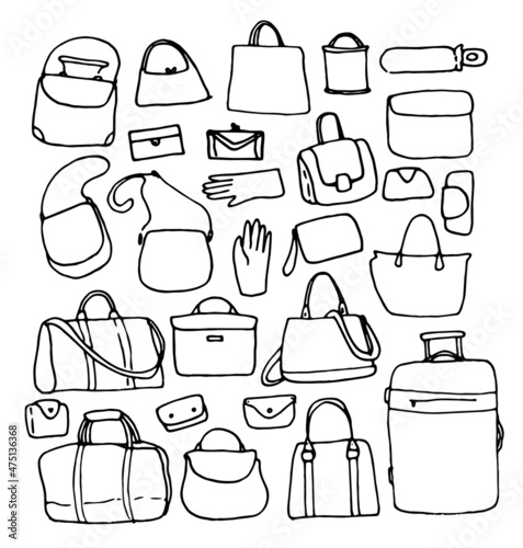 a set of bags and suitcases, wallets. hand-drawn collection of women's bags and bags in doodle style, isolated black outline on white for a design template