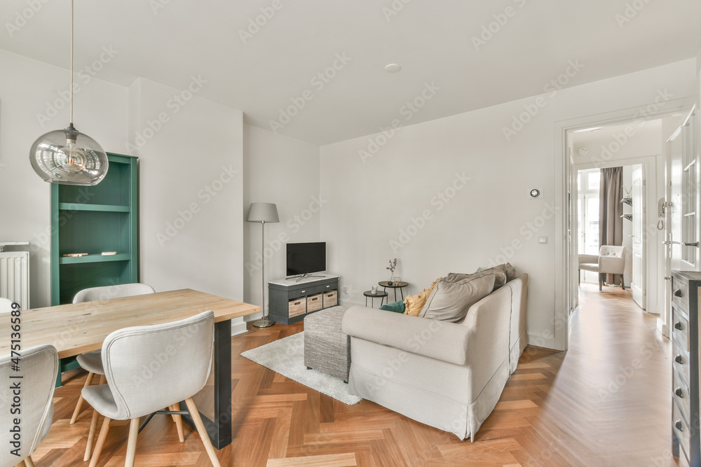 Living room with dining zone and sofa with TV set